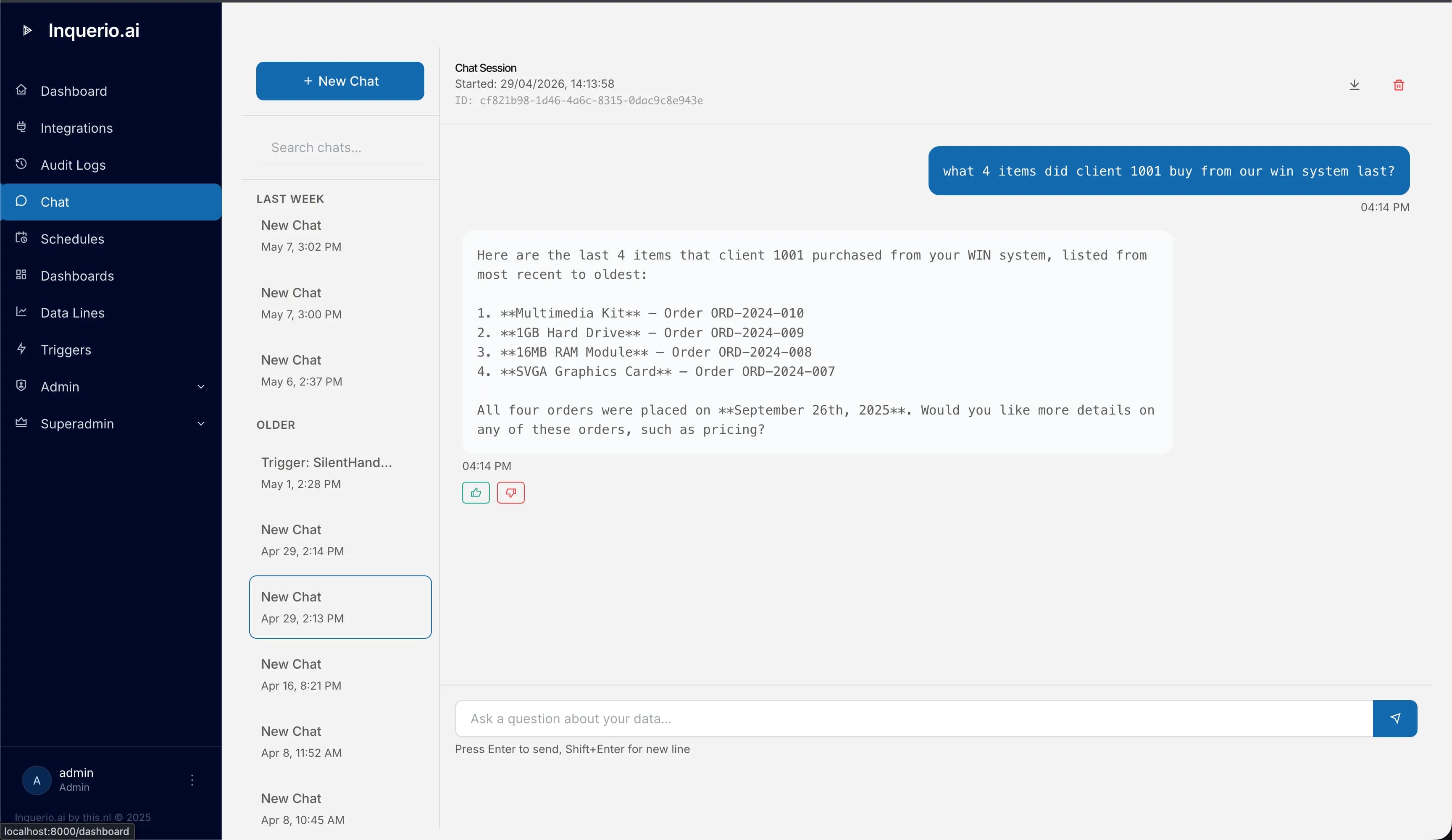 Inquerio AI chat session: a plain-English question answered from the connected legacy order system, listing the items by order number with a follow-up suggestion.