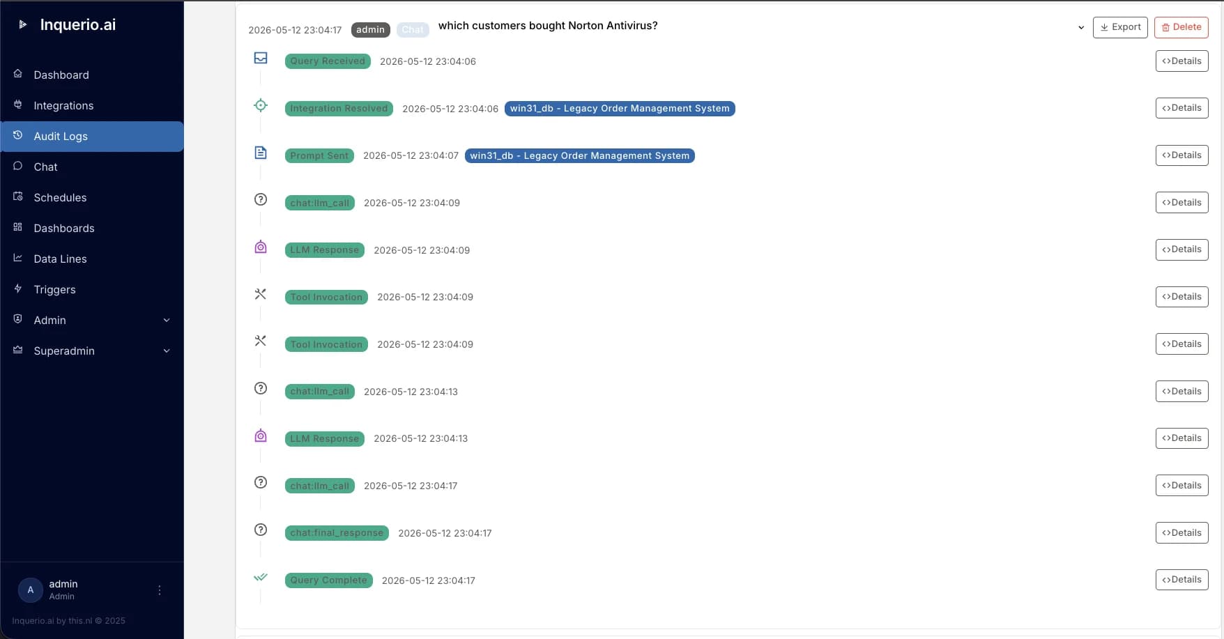 Audit log for a chat query: every step (Query Received, Integration Resolved, Prompt Sent, LLM Response, Tool Invocation, Query Complete) time-stamped to the second, with a Details button per row and Export and Delete controls on the trace.