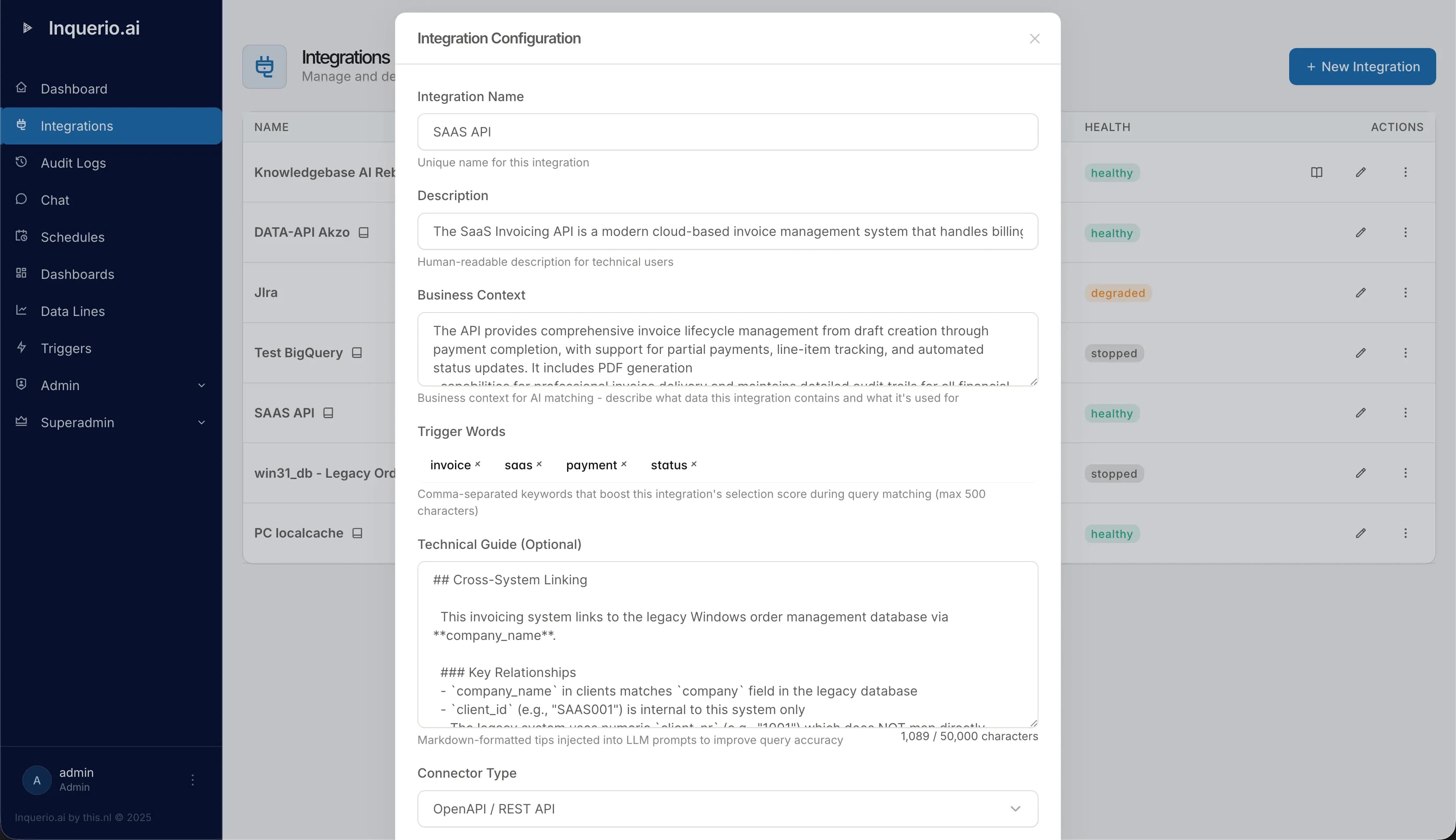 Integration configuration: the connection name, business context, trigger words, and technical guide that teach Inquerio AI when to reach into this source.